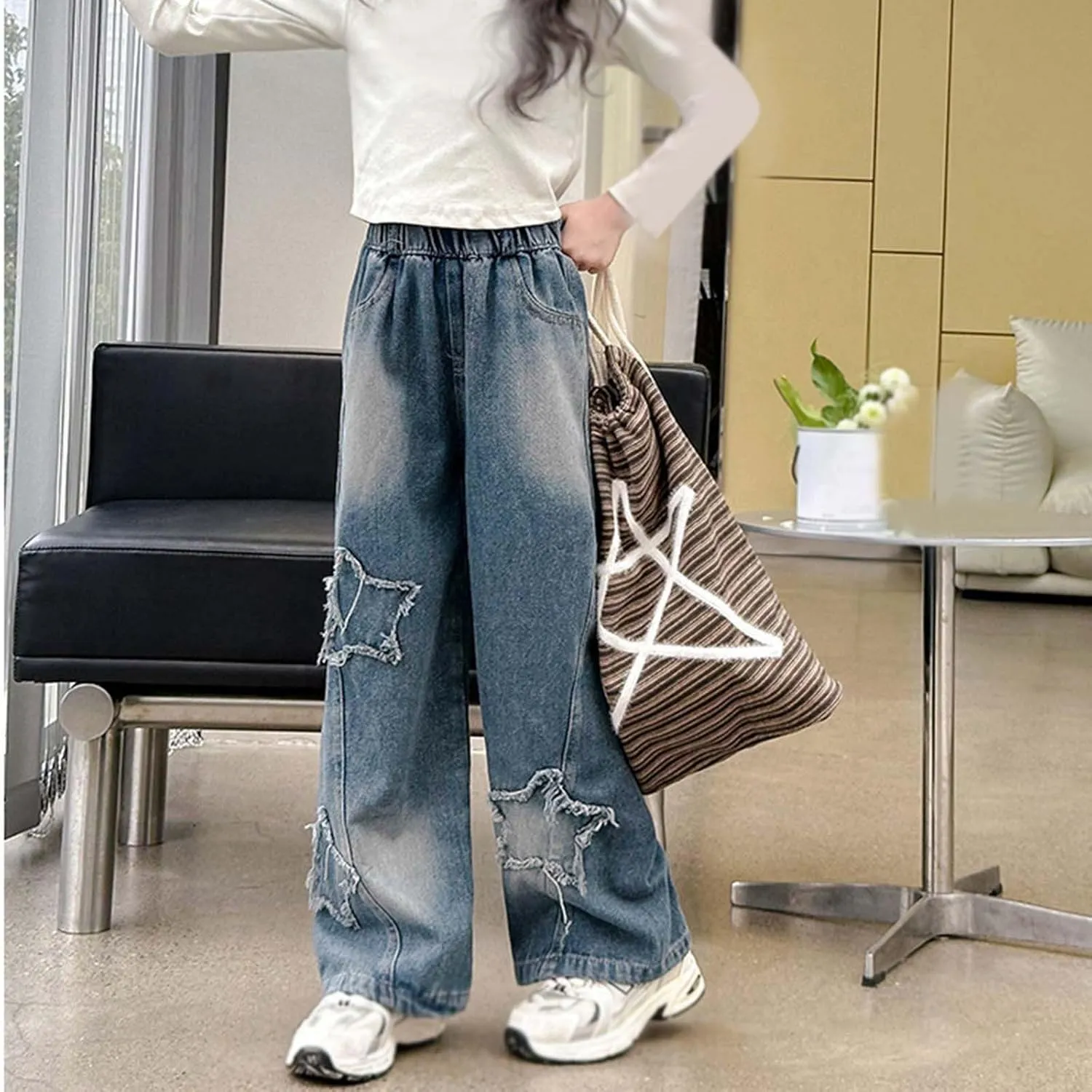 Boys Baggy Jeans for Kids Teen Casual Straight Wide Leg Cargo Jeans Y2K Loose Elastic Waist Denim Pants with Pockets