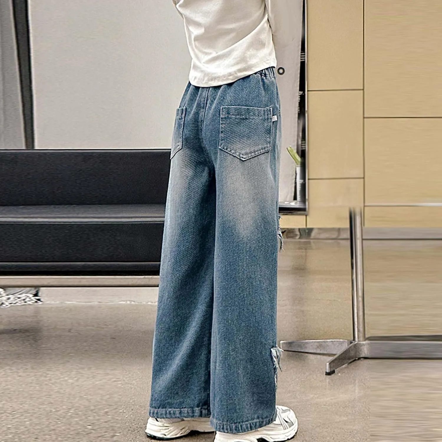 Boys Baggy Jeans for Kids Teen Casual Straight Wide Leg Cargo Jeans Y2K Loose Elastic Waist Denim Pants with Pockets