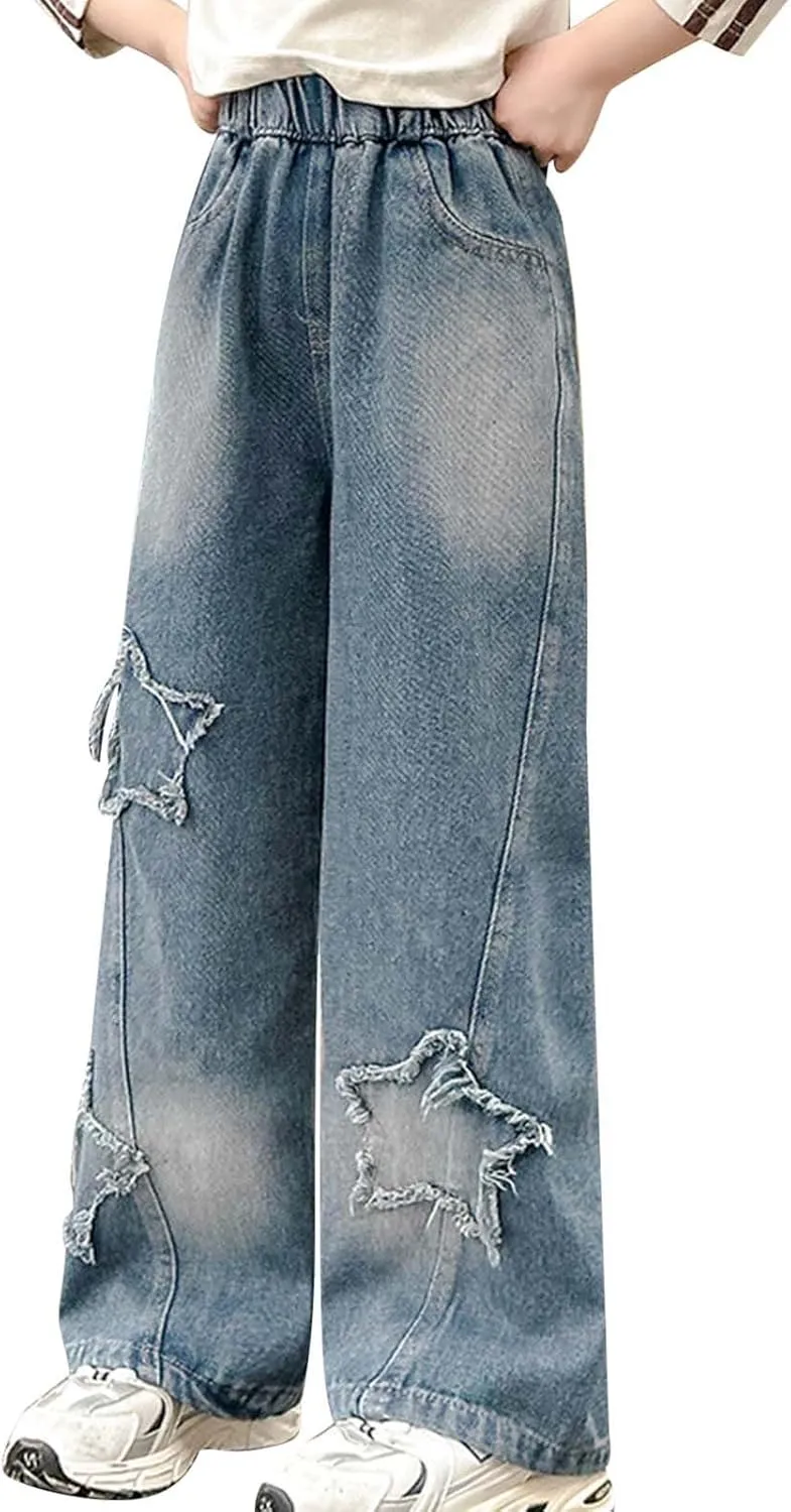 Boys Baggy Jeans for Kids Teen Casual Straight Wide Leg Cargo Jeans Y2K Loose Elastic Waist Denim Pants with Pockets