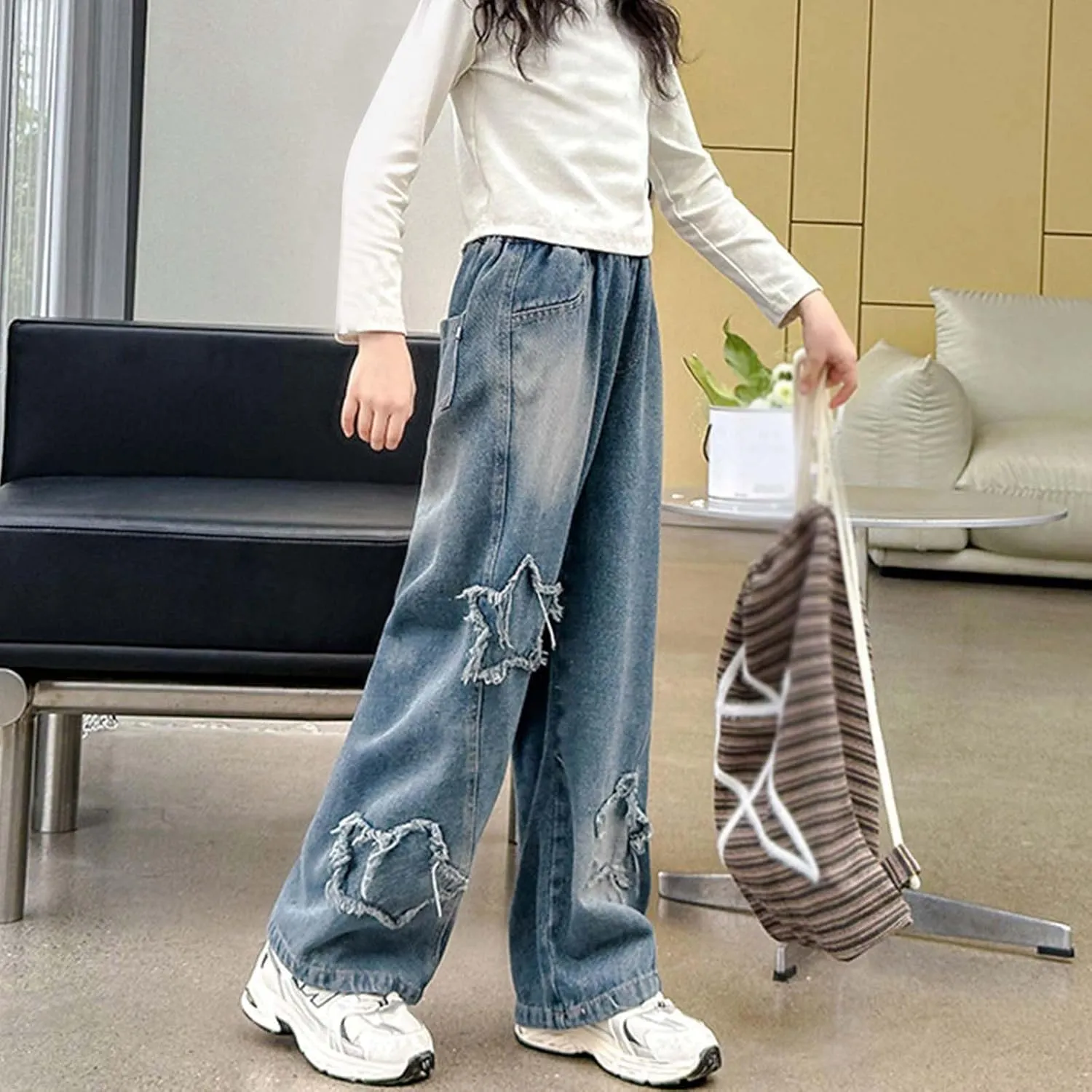 Boys Baggy Jeans for Kids Teen Casual Straight Wide Leg Cargo Jeans Y2K Loose Elastic Waist Denim Pants with Pockets