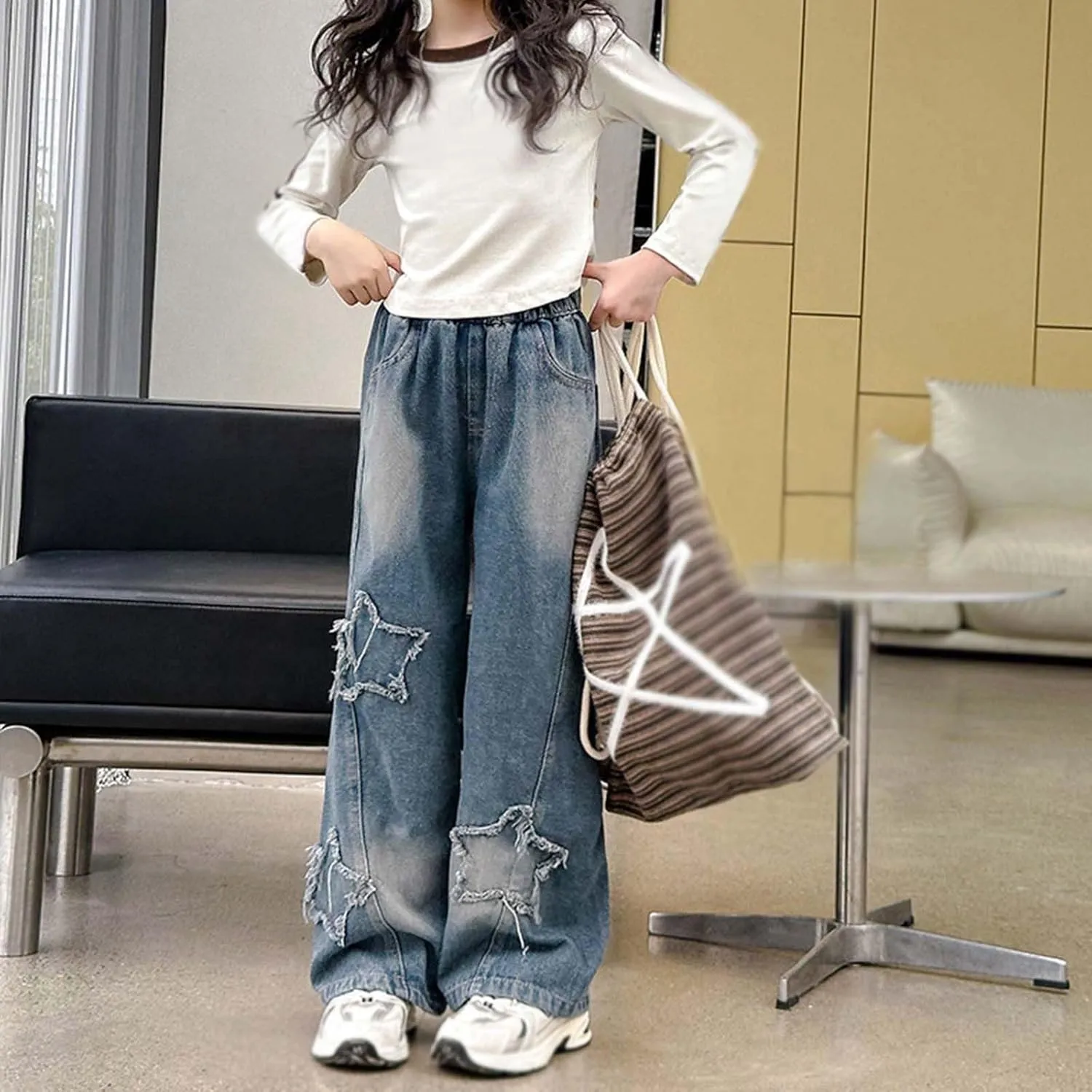 Boys Baggy Jeans for Kids Teen Casual Straight Wide Leg Cargo Jeans Y2K Loose Elastic Waist Denim Pants with Pockets