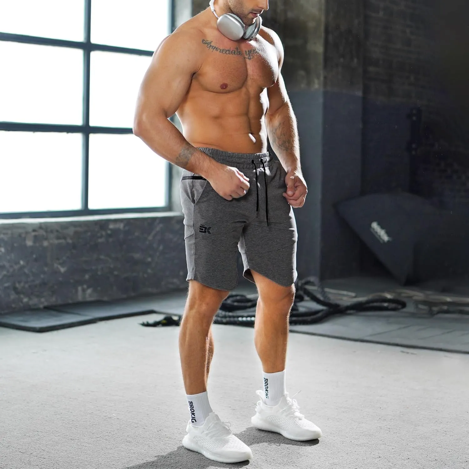 BROKIG Mens Zipslim Workout Athletic Shorts 7", Gym Running Training Sports Bodybuilding Shorts for Men with Zip Pockets