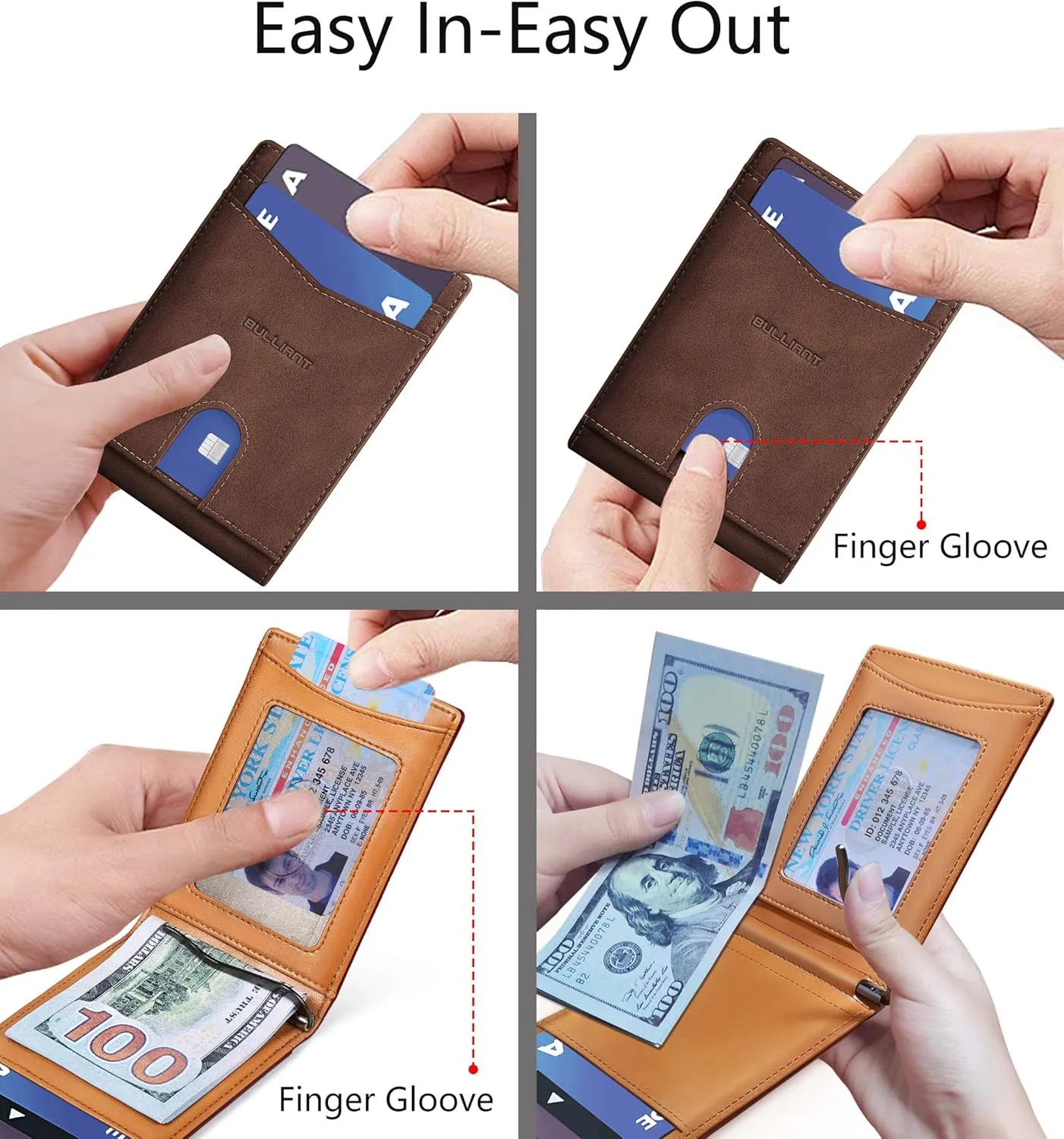 BULLIANT Slim Wallet Front Pocket, Money Clip Minimal Bifold Wallet For Men 10 Cards 3.1"x4.5",Pull-tap Access,RFID Blocking