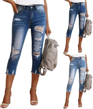 Capri Jeans for Women High Waisted Ripped Frayed Hem Stretchy Jeans Skinny Distressed Denim Cropped Pants with Pockets