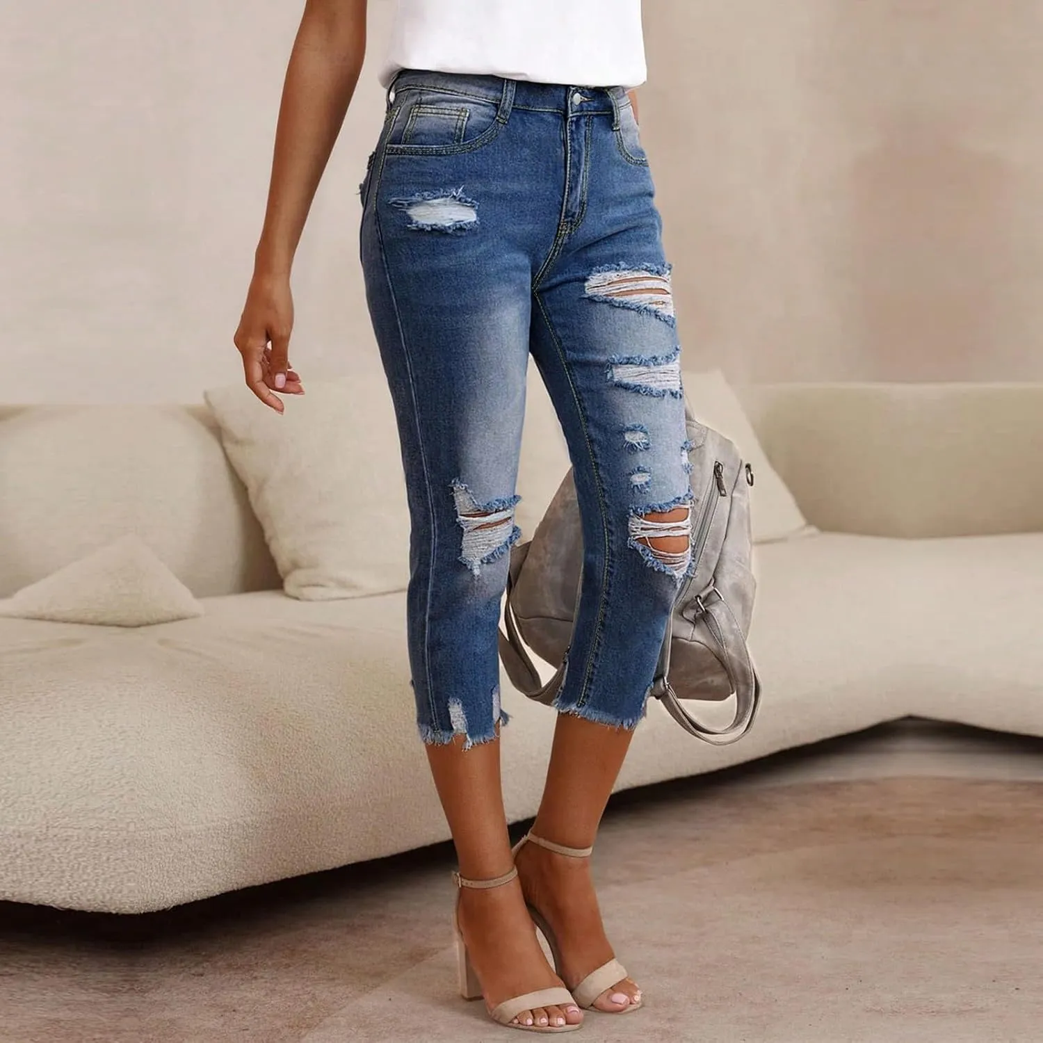 Capri Jeans for Women High Waisted Ripped Frayed Hem Stretchy Jeans Skinny Distressed Denim Cropped Pants with Pockets