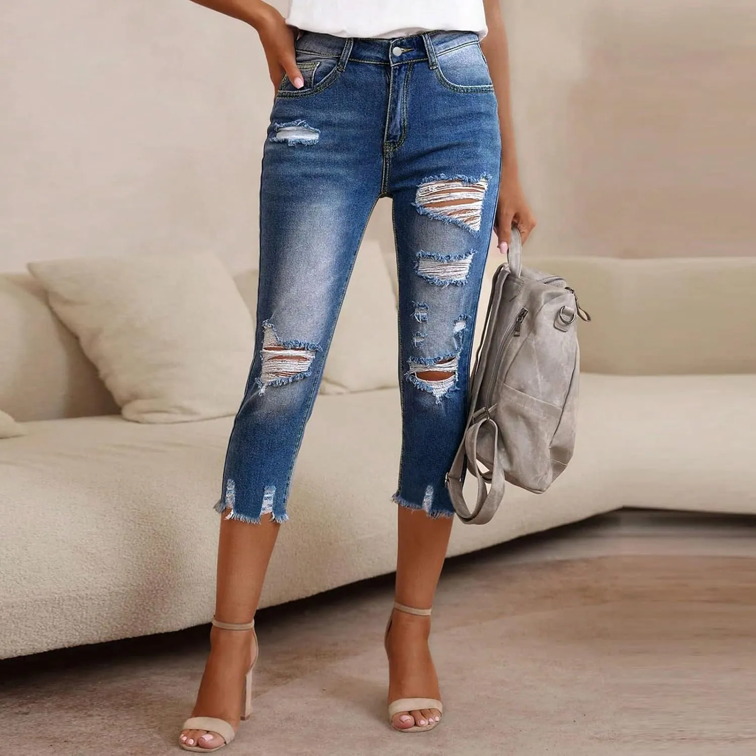 Capri Jeans for Women High Waisted Ripped Frayed Hem Stretchy Jeans Skinny Distressed Denim Cropped Pants with Pockets
