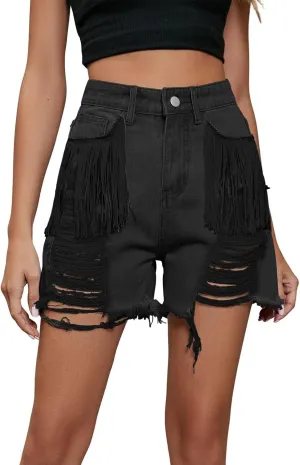 CHARTOU Women's Casual High Waisted Tassel Frayed Raw Hem Fringe Hot Denim Jeans Shorts