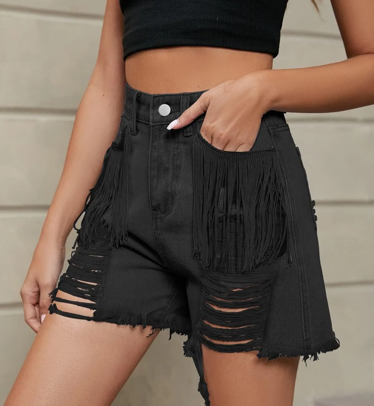 CHARTOU Women's Casual High Waisted Tassel Frayed Raw Hem Fringe Hot Denim Jeans Shorts