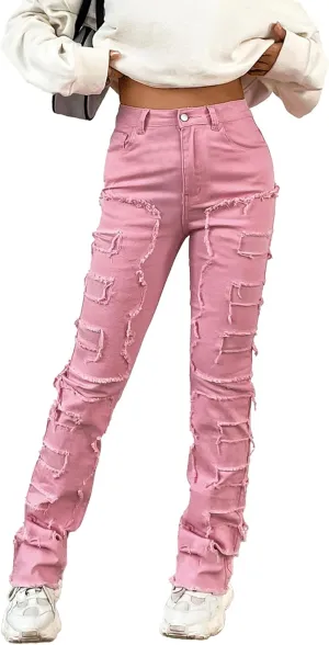 Conshvi Women's Skinny Straight Leg Jeans High Waisted Stacked Stretch Frayed Jeans Distressed Patchwork Denim Pants