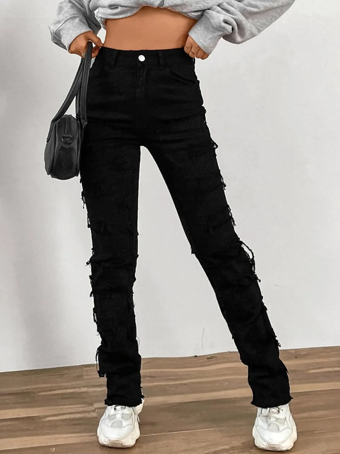 Conshvi Women's Skinny Straight Leg Jeans High Waisted Stacked Stretch Frayed Jeans Distressed Patchwork Denim Pants