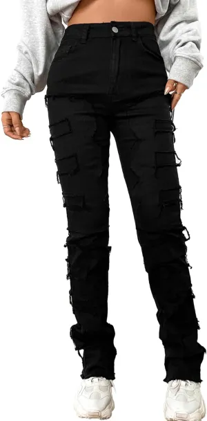 Conshvi Women's Skinny Straight Leg Jeans High Waisted Stacked Stretch Frayed Jeans Distressed Patchwork Denim Pants