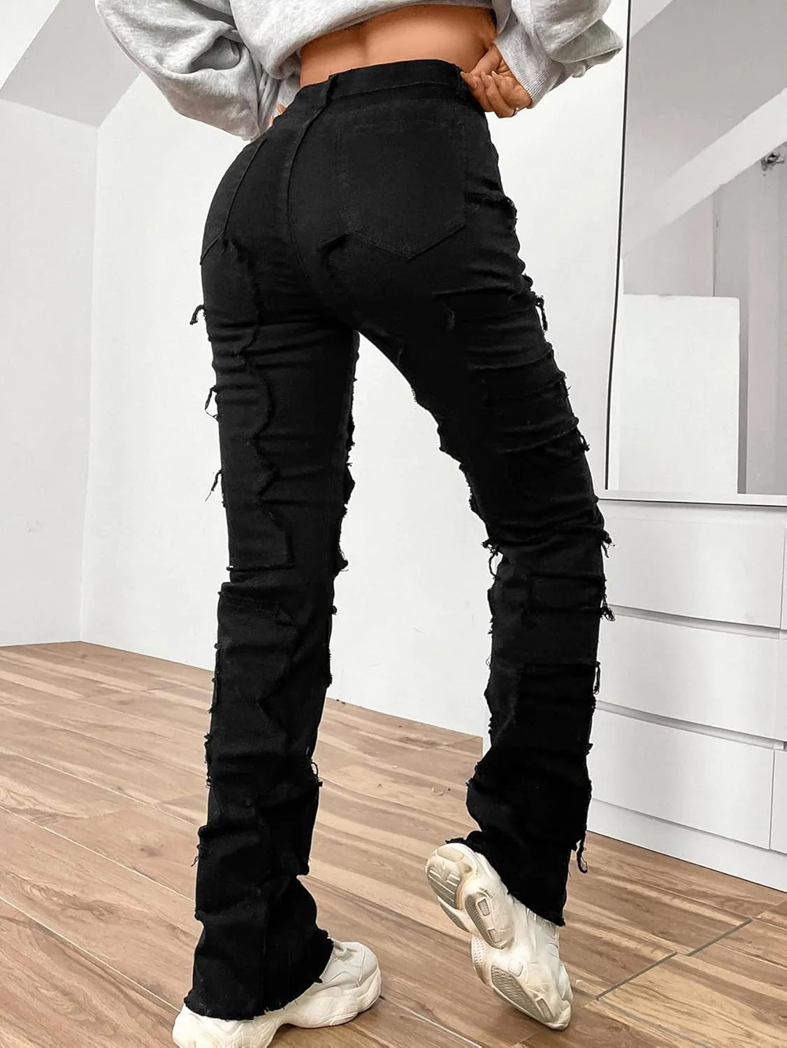 Conshvi Women's Skinny Straight Leg Jeans High Waisted Stacked Stretch Frayed Jeans Distressed Patchwork Denim Pants