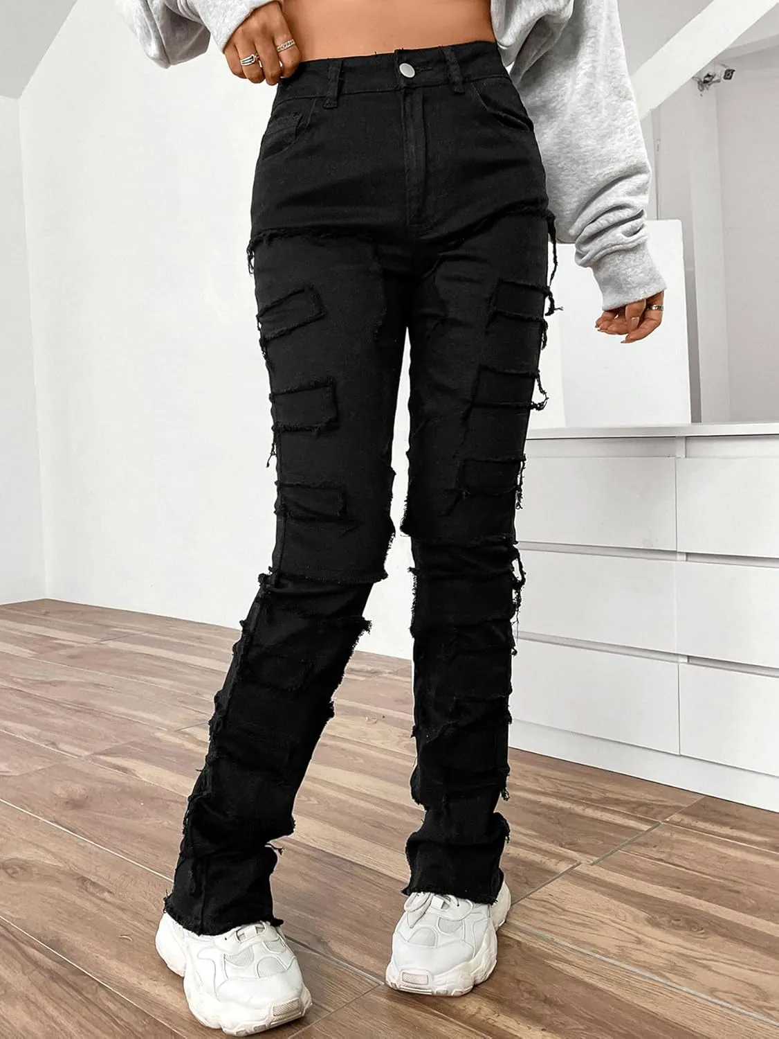 Conshvi Women's Skinny Straight Leg Jeans High Waisted Stacked Stretch Frayed Jeans Distressed Patchwork Denim Pants