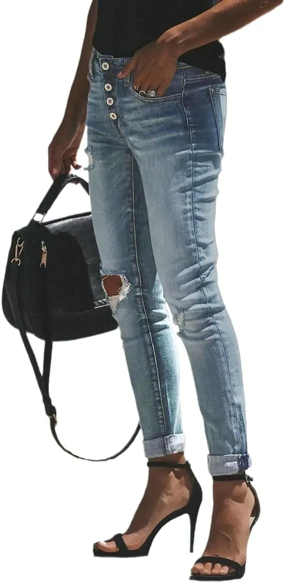 cordat Women's Ripped Boyfriend Denim Pants Judy Blue Stretch Skinny Jeans
