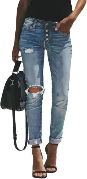 cordat Women's Ripped Boyfriend Denim Pants Judy Blue Stretch Skinny Jeans