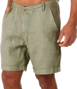 Cotton Linen Shorts for Men Casual Summer Classic Bermuda Shorts Drawstring Lightweight Relaxed Fit Beach Shorts Pockets