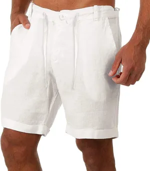 Cotton Linen Shorts for Men Casual Summer Classic Bermuda Shorts Drawstring Lightweight Relaxed Fit Beach Shorts Pockets