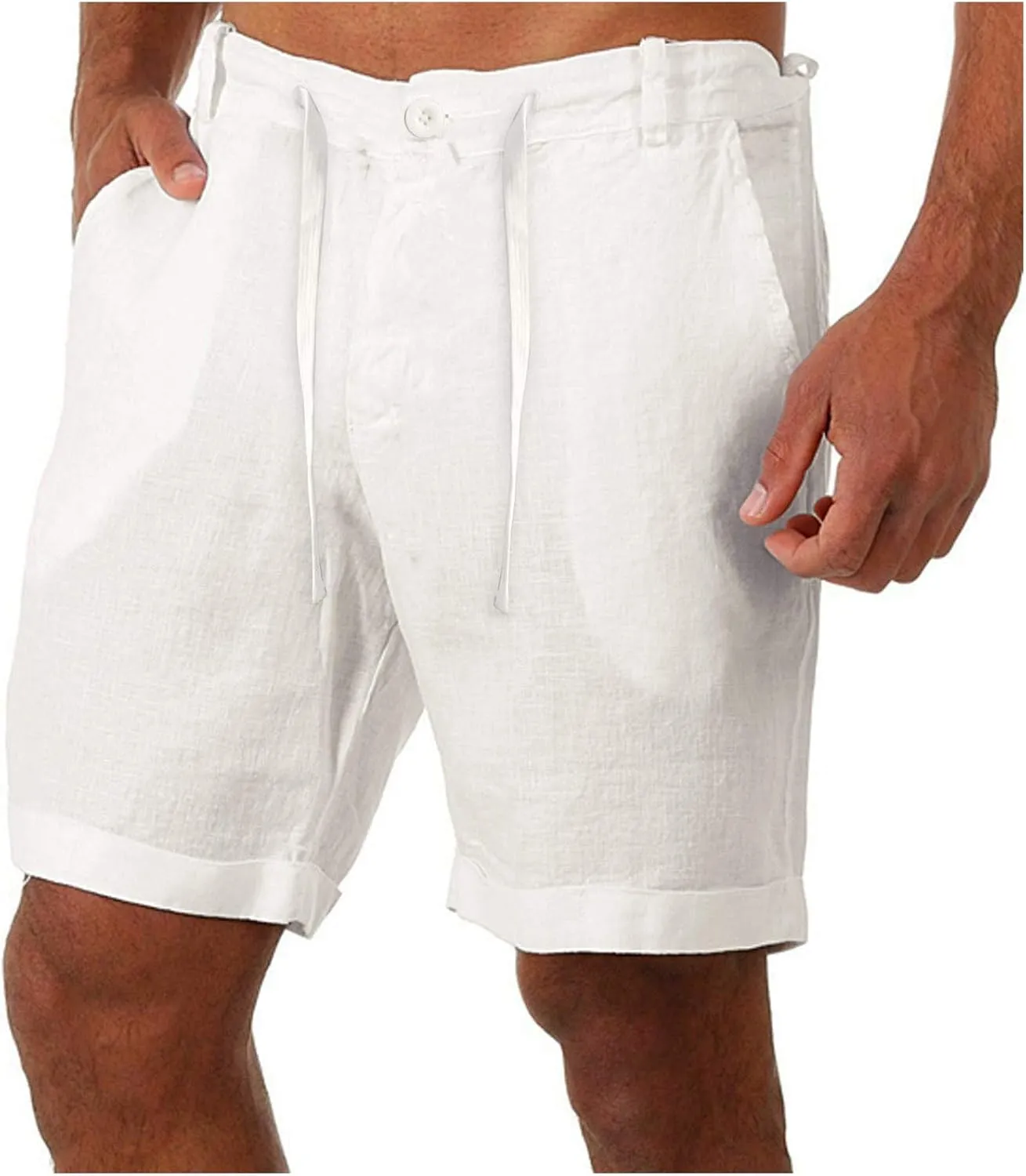 Cotton Linen Shorts for Men Casual Summer Classic Bermuda Shorts Drawstring Lightweight Relaxed Fit Beach Shorts Pockets