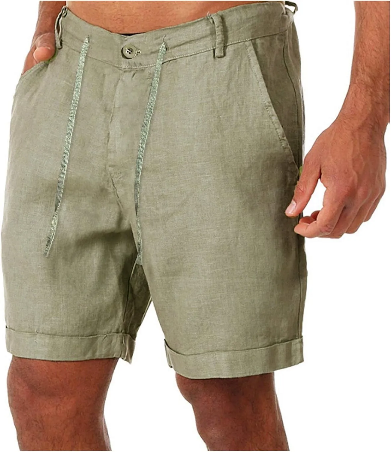 Cotton Linen Shorts for Men Casual Summer Classic Bermuda Shorts Drawstring Lightweight Relaxed Fit Beach Shorts Pockets