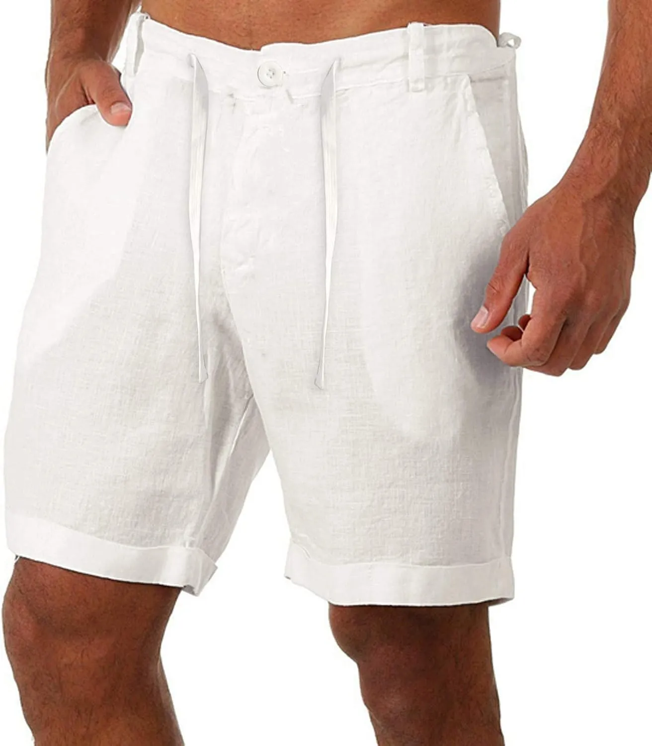 Cotton Linen Shorts for Men Casual Summer Classic Bermuda Shorts Drawstring Lightweight Relaxed Fit Beach Shorts Pockets