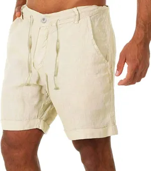 Cotton Linen Shorts for Men Casual Summer Classic Bermuda Shorts Drawstring Lightweight Relaxed Fit Beach Shorts Pockets