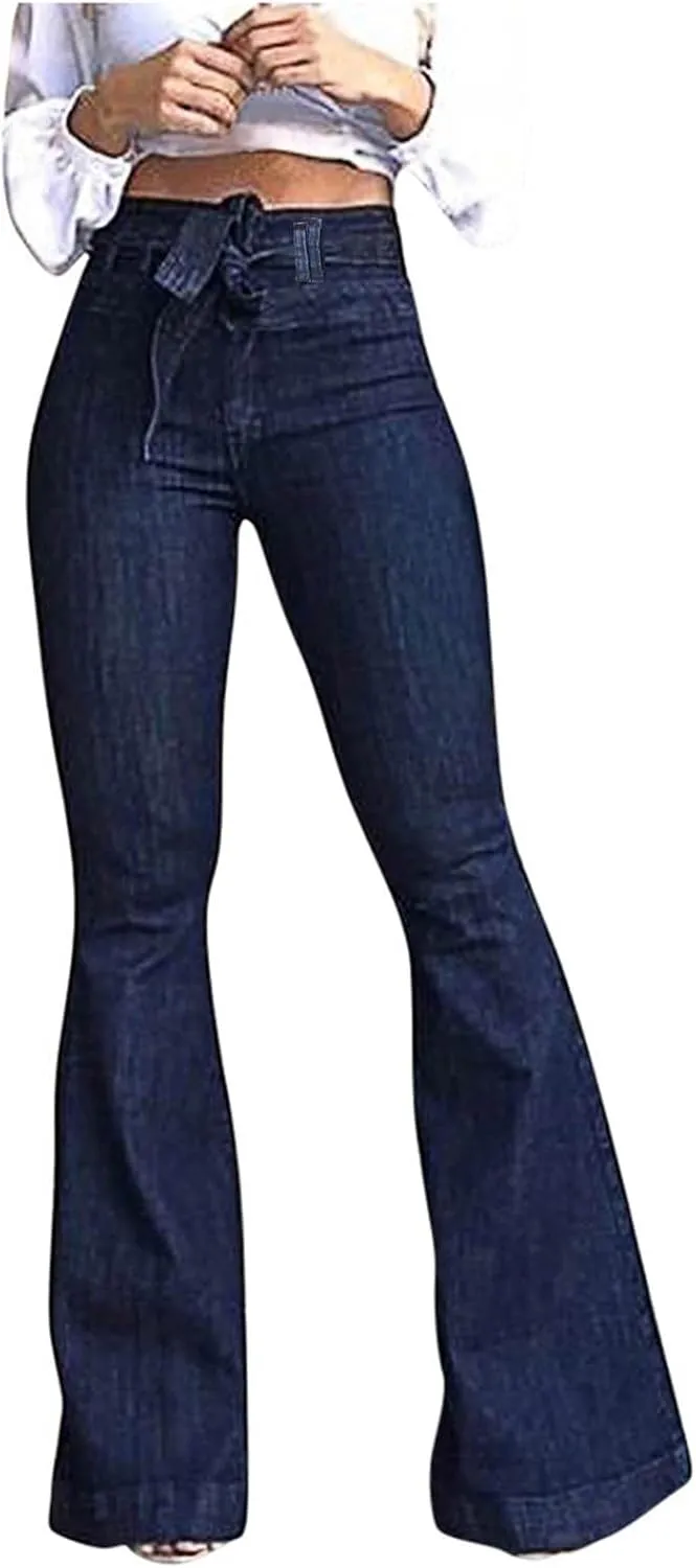 DDAPJ pyju High Waisted Bell Bottom Jeans for Women Belted Flare Jeans Stretch Wide Leg Jeans Denim Pants Casual Long Pants