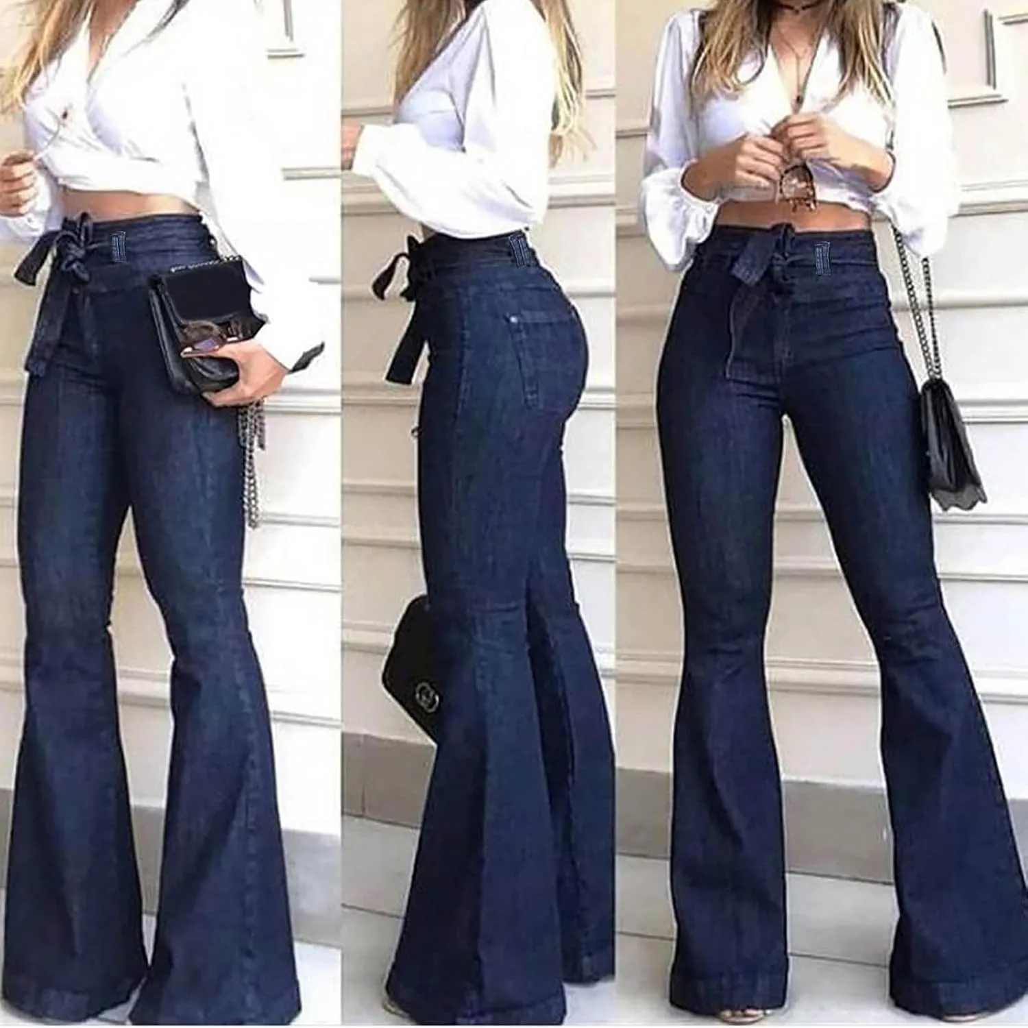 DDAPJ pyju High Waisted Bell Bottom Jeans for Women Belted Flare Jeans Stretch Wide Leg Jeans Denim Pants Casual Long Pants