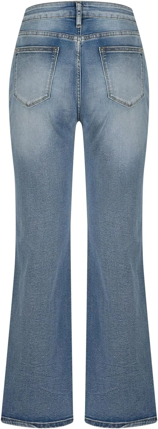 DDAPJ pyju Women's Wide Leg Jeans Flare Pants Low Waist Bootcut Jeans Stretch Casual High Waisted Denim Pants with Pockets