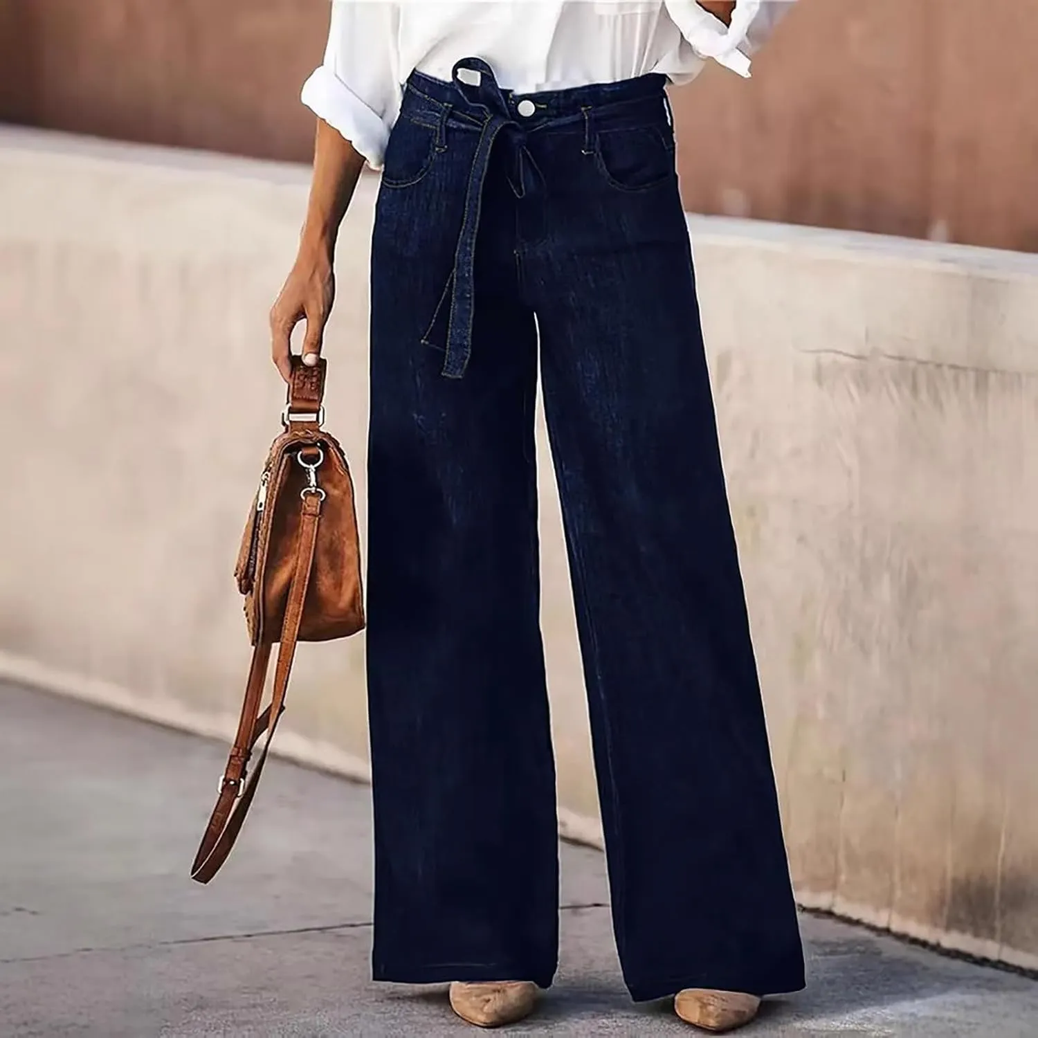 DDAPJ pyju Women's Wide Leg Jeans Flare Pants Low Waist Bootcut Jeans Stretch Casual High Waisted Denim Pants with Pockets