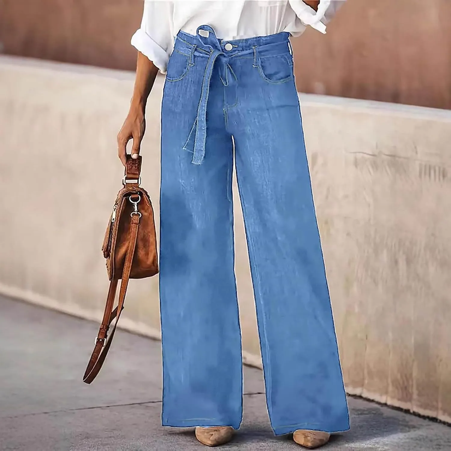 DDAPJ pyju Women's Wide Leg Jeans Flare Pants Low Waist Bootcut Jeans Stretch Casual High Waisted Denim Pants with Pockets