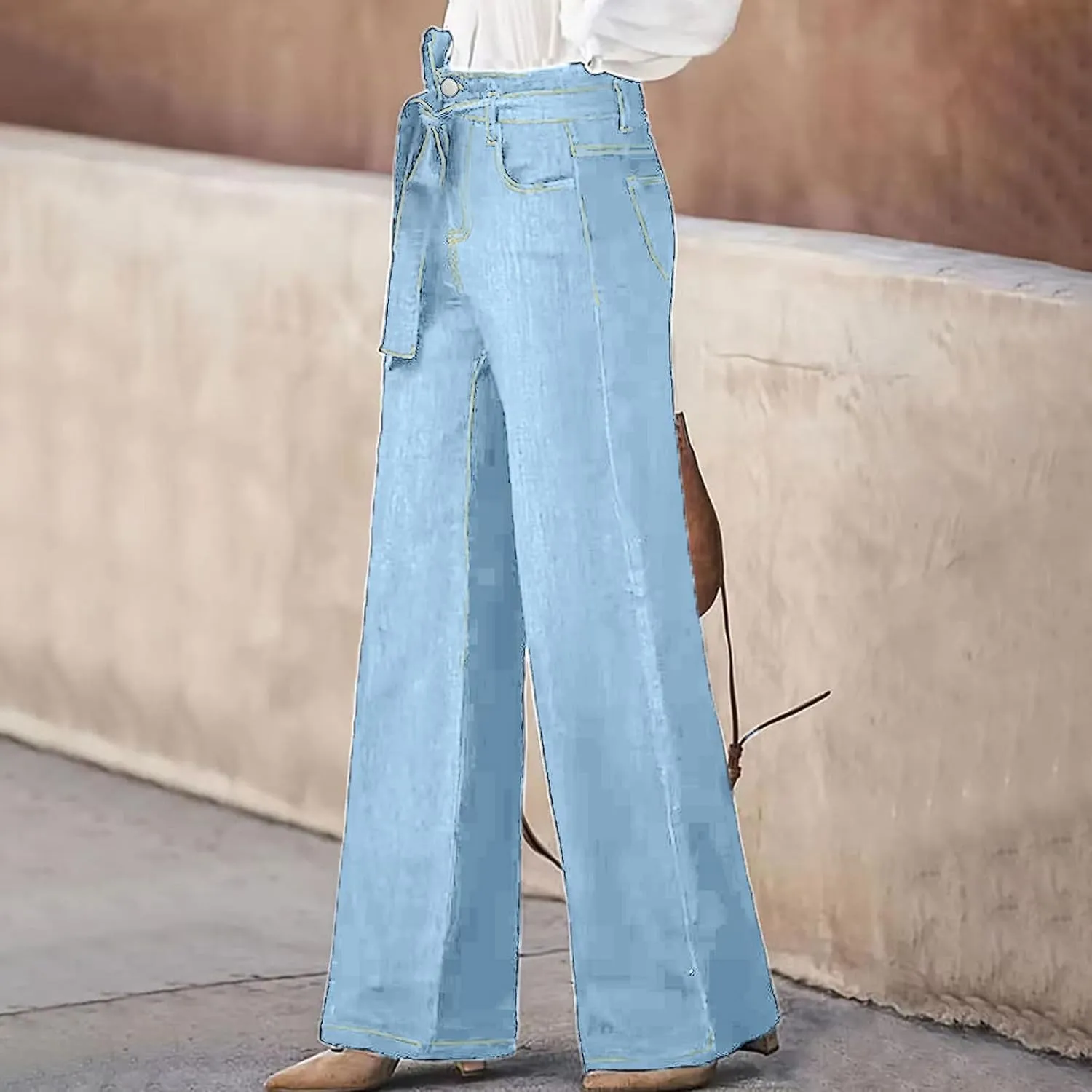 DDAPJ pyju Women's Wide Leg Jeans Flare Pants Low Waist Bootcut Jeans Stretch Casual High Waisted Denim Pants with Pockets
