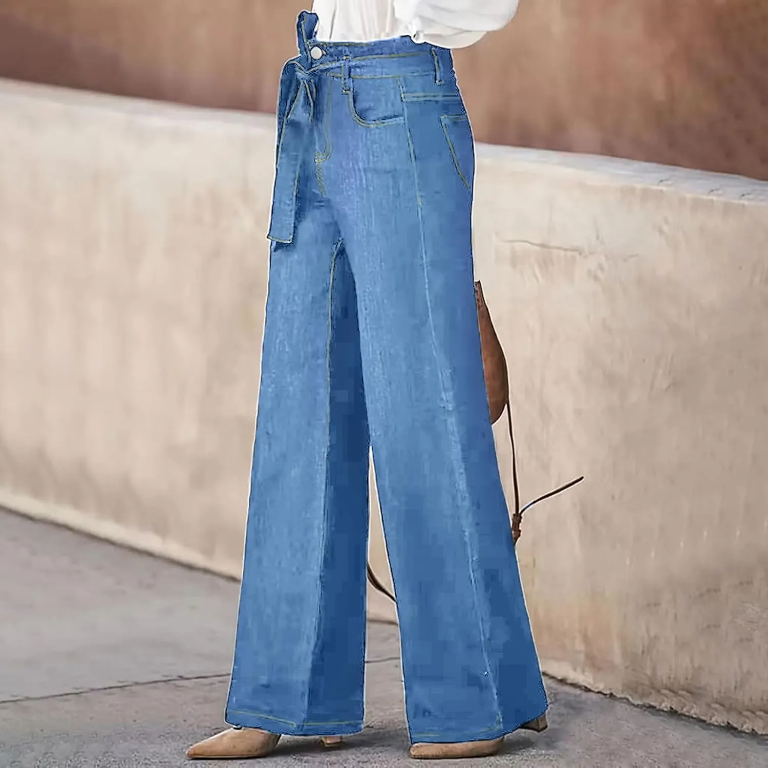 DDAPJ pyju Women's Wide Leg Jeans Flare Pants Low Waist Bootcut Jeans Stretch Casual High Waisted Denim Pants with Pockets