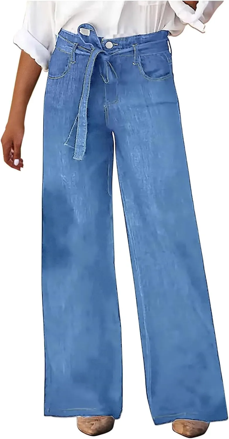 DDAPJ pyju Women's Wide Leg Jeans Flare Pants Low Waist Bootcut Jeans Stretch Casual High Waisted Denim Pants with Pockets