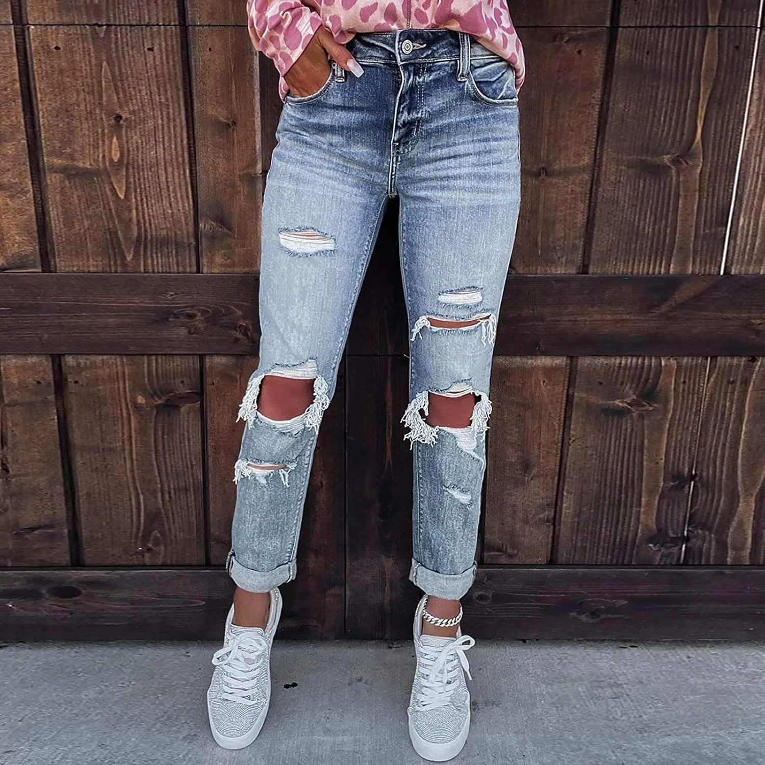 Denim Pants for Women High Waisted Washed Distressed Jeans Ripped Skinny Jeggings Straight Leg Boyfriend Jeans