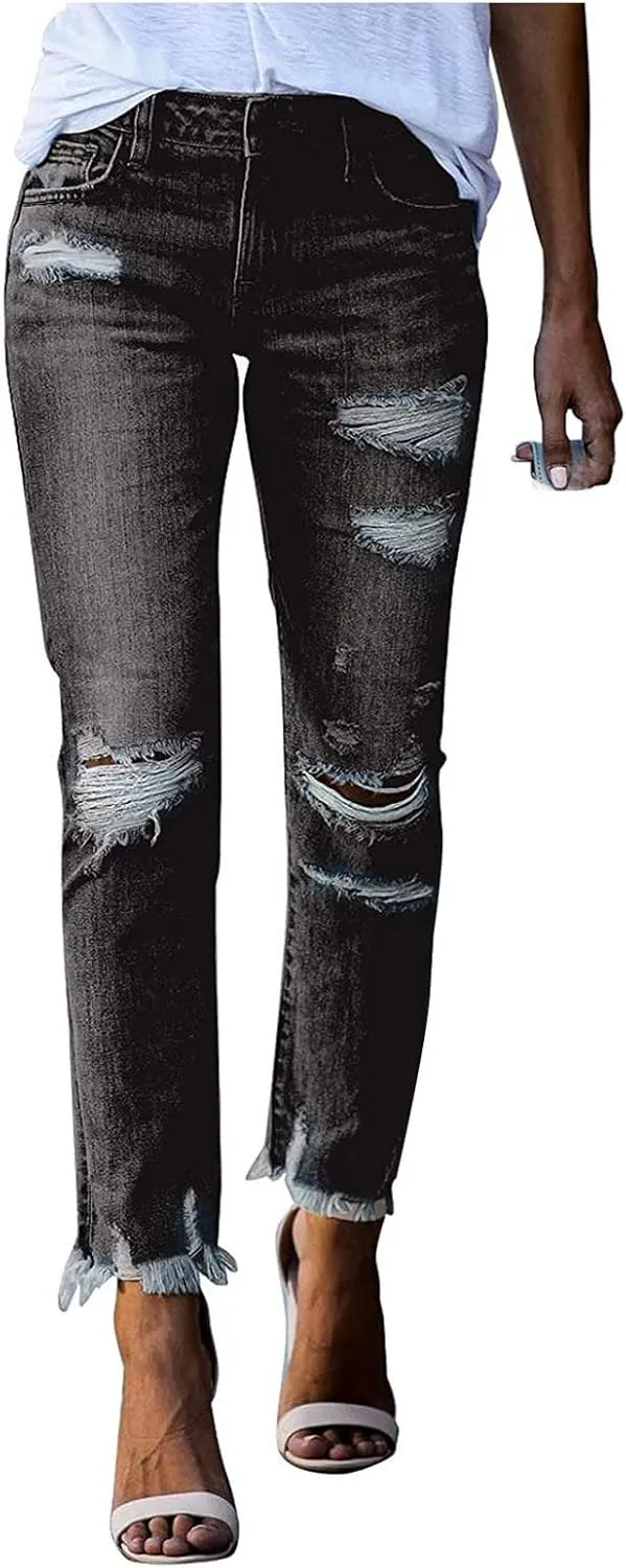 Denim Pants for Women High Waisted Washed Distressed Jeans Ripped Skinny Jeggings Straight Leg Boyfriend Jeans