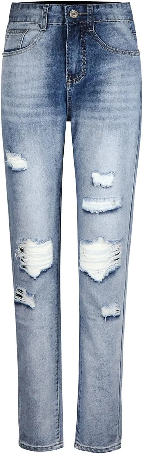 Denim Pants for Women High Waisted Washed Distressed Jeans Ripped Skinny Jeggings Straight Leg Boyfriend Jeans