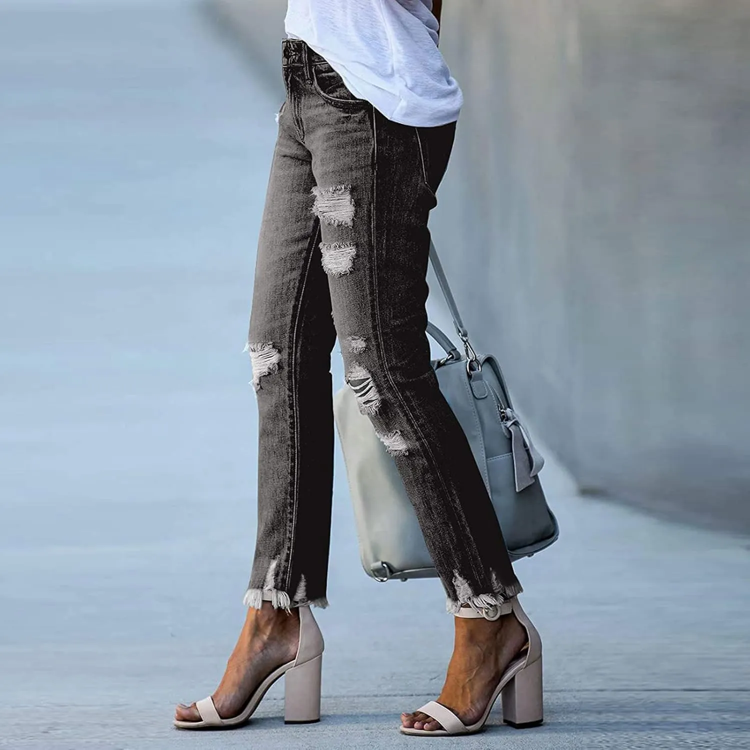 Denim Pants for Women High Waisted Washed Distressed Jeans Ripped Skinny Jeggings Straight Leg Boyfriend Jeans