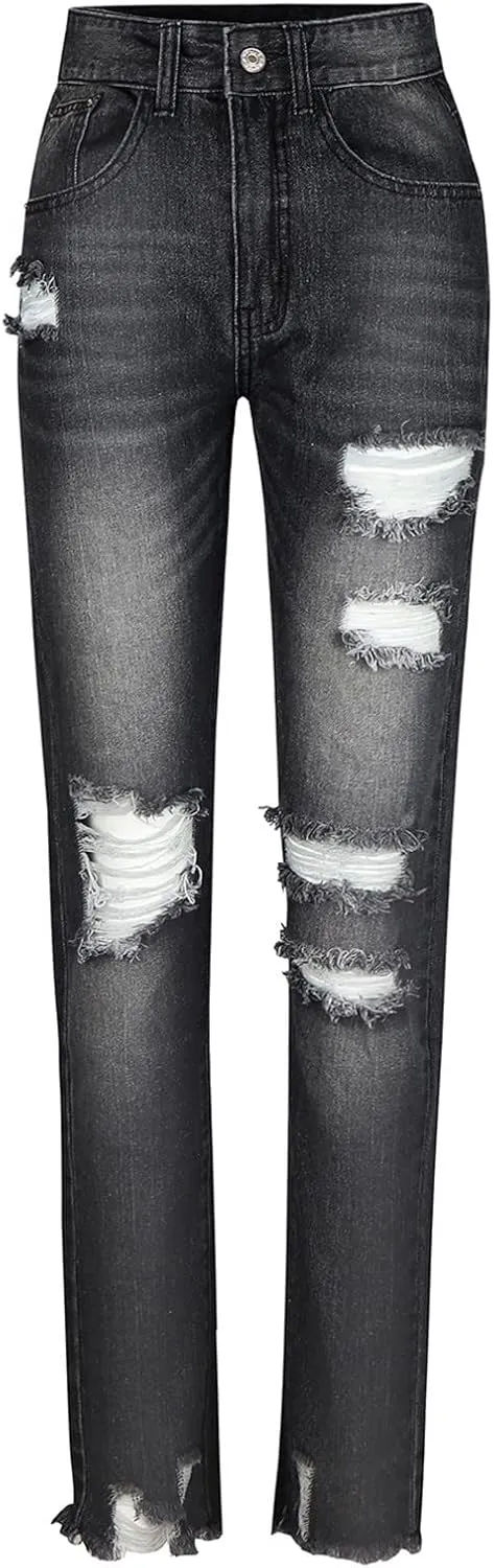 Denim Pants for Women High Waisted Washed Distressed Jeans Ripped Skinny Jeggings Straight Leg Boyfriend Jeans