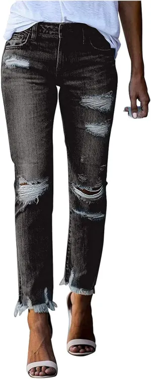 Denim Pants for Women High Waisted Washed Distressed Jeans Ripped Skinny Jeggings Straight Leg Boyfriend Jeans