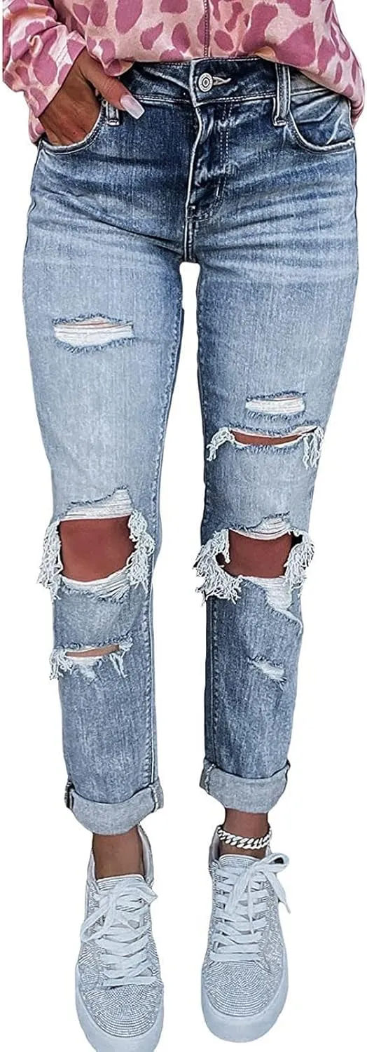 Denim Pants for Women High Waisted Washed Distressed Jeans Ripped Skinny Jeggings Straight Leg Boyfriend Jeans