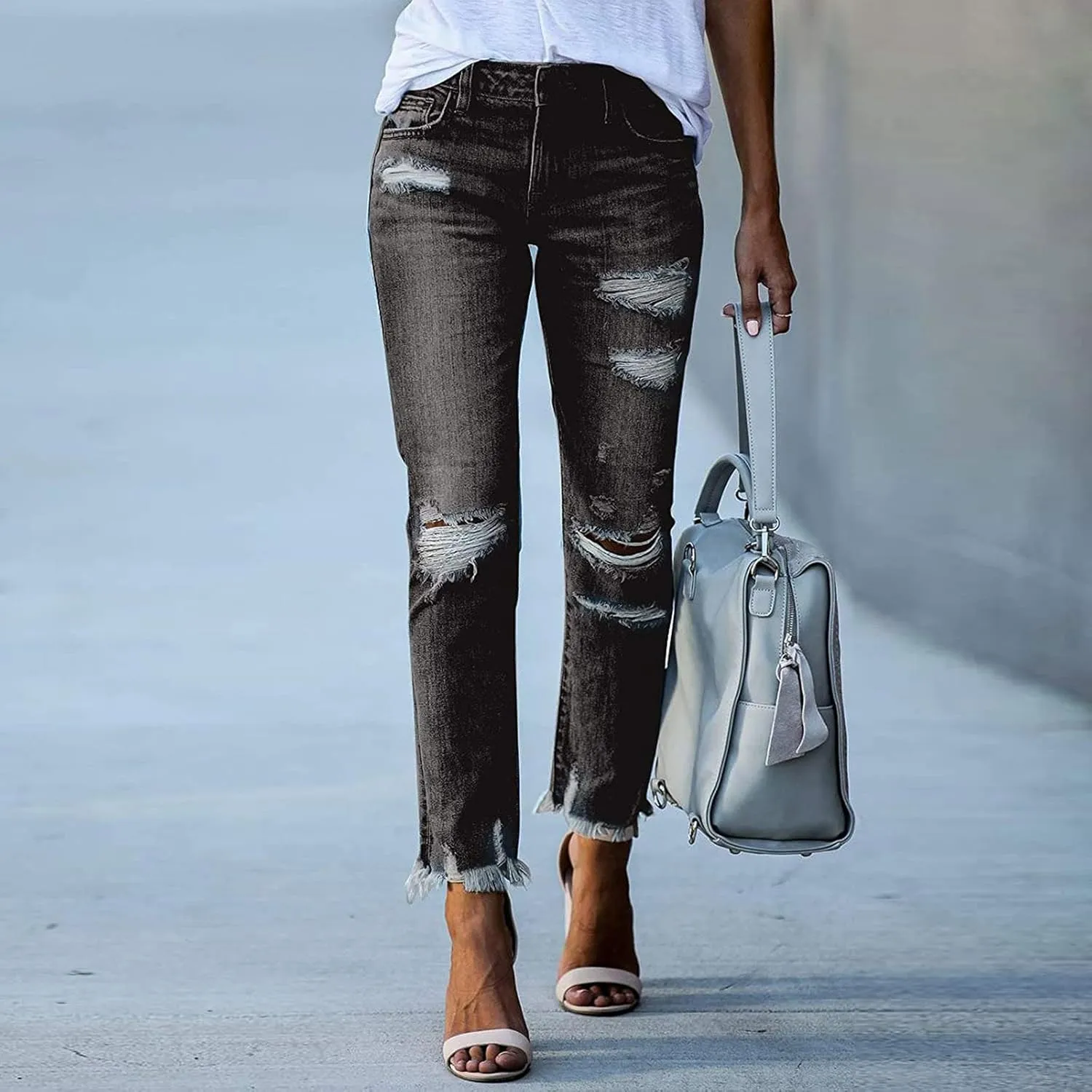 Denim Pants for Women High Waisted Washed Distressed Jeans Ripped Skinny Jeggings Straight Leg Boyfriend Jeans