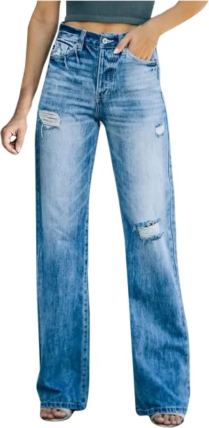 Denim Pants for Women High Waisted Washed Distressed Jeans Ripped Skinny Jeggings Straight Leg Boyfriend Jeans