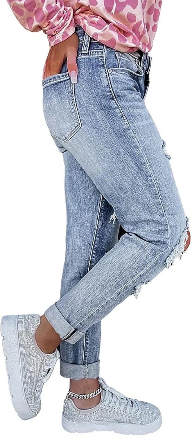 Denim Pants for Women High Waisted Washed Distressed Jeans Ripped Skinny Jeggings Straight Leg Boyfriend Jeans