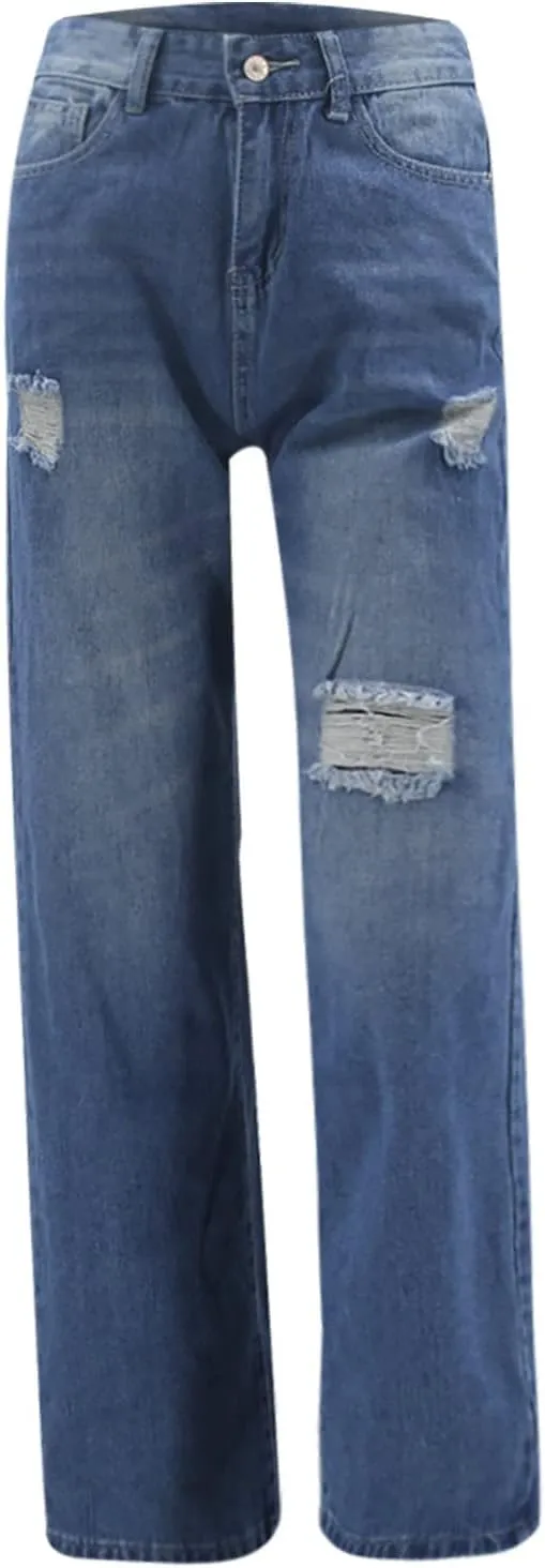 Denim Pants for Women High Waisted Washed Distressed Jeans Ripped Skinny Jeggings Straight Leg Boyfriend Jeans