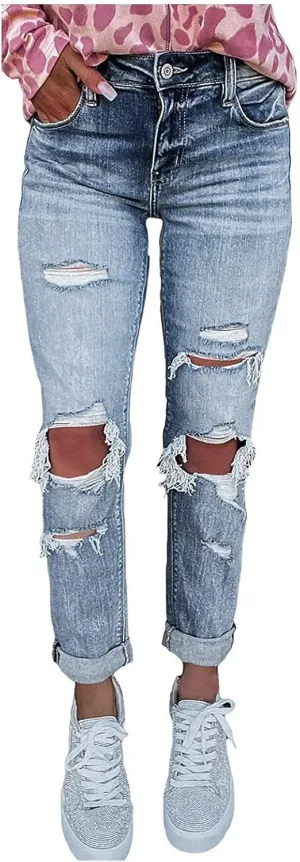 Denim Pants for Women High Waisted Washed Distressed Jeans Ripped Skinny Jeggings Straight Leg Boyfriend Jeans