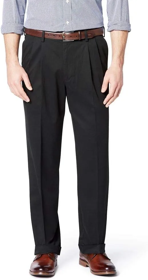 Dockers Men's Relaxed Fit Comfort Khaki Pants-Pleated, Black Metal, 33W x 32L