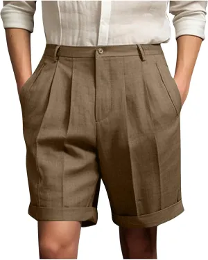 Dressy Pleated Front Shorts for Men Summer Business Casual Bermuda Shorts Cuffed Hem Golf Work Short with Pockets