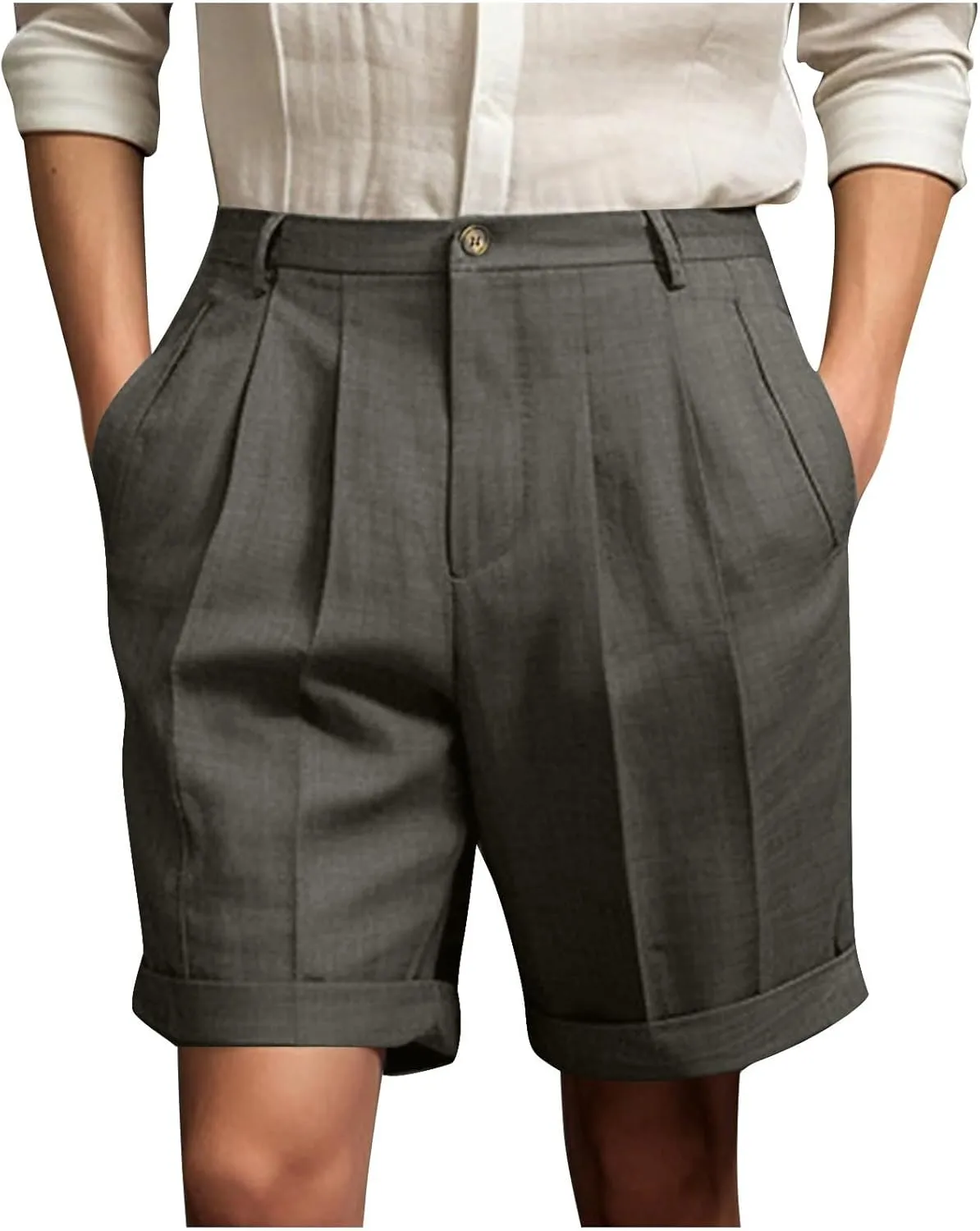 Dressy Pleated Front Shorts for Men Summer Business Casual Bermuda Shorts Cuffed Hem Golf Work Short with Pockets