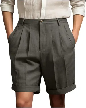 Dressy Pleated Front Shorts for Men Summer Business Casual Bermuda Shorts Cuffed Hem Golf Work Short with Pockets