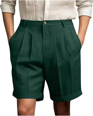 Dressy Pleated Front Shorts for Men Summer Business Casual Bermuda Shorts Cuffed Hem Golf Work Short with Pockets